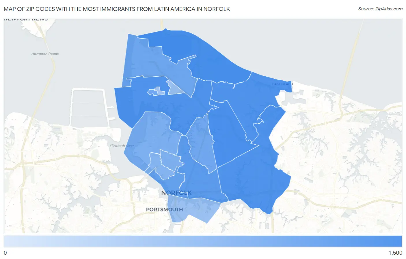 Zip Codes with the Most Immigrants from Latin America in Norfolk Map