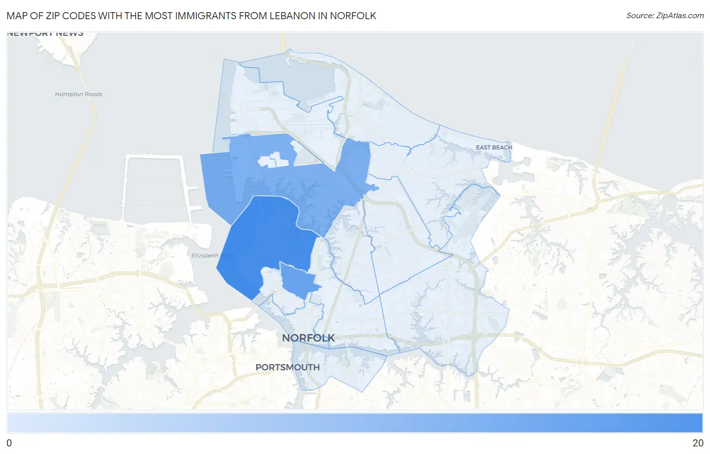 Zip Codes with the Most Immigrants from Lebanon in Norfolk Map