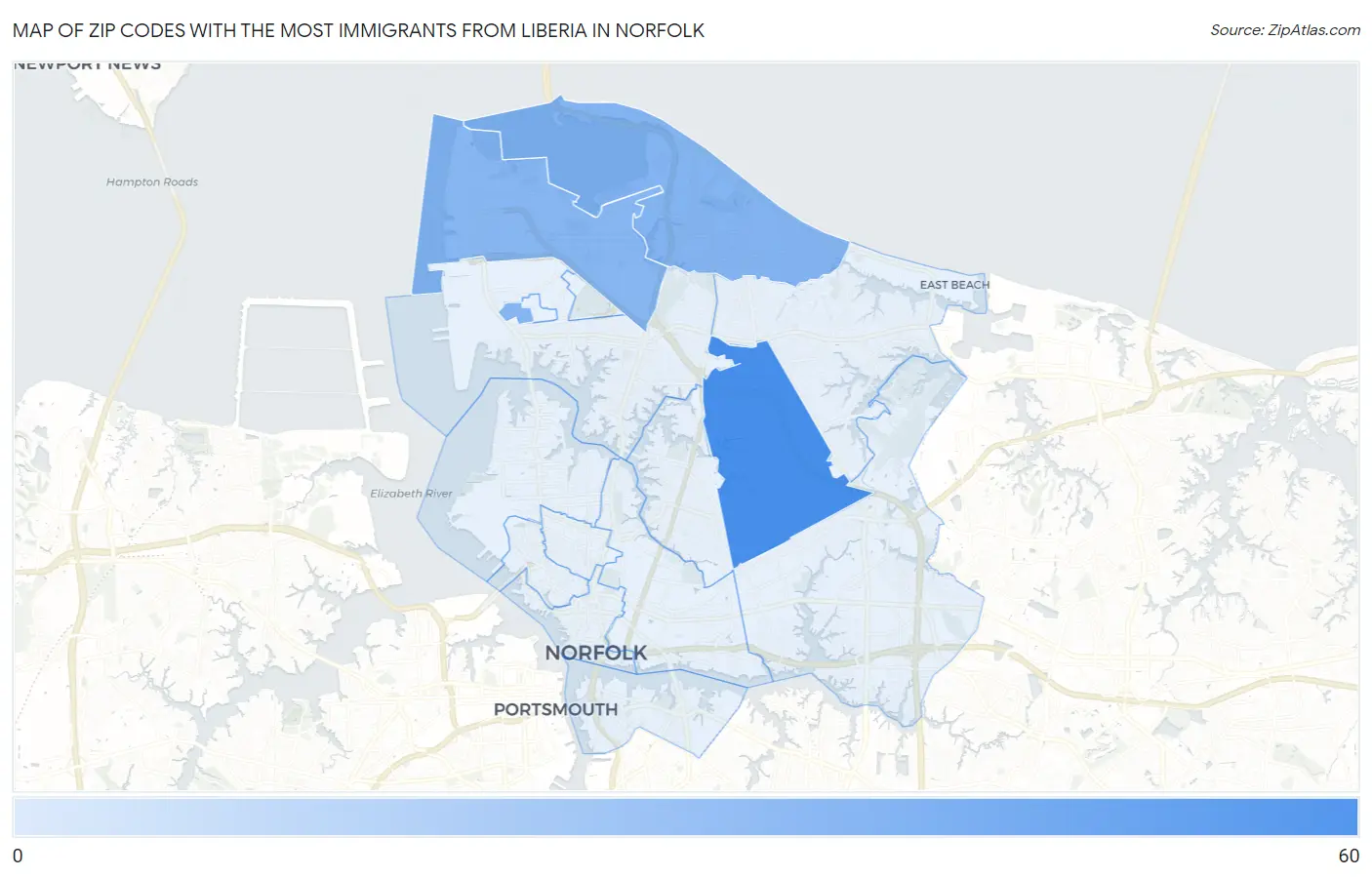 Zip Codes with the Most Immigrants from Liberia in Norfolk Map