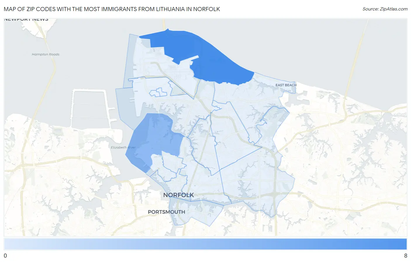 Zip Codes with the Most Immigrants from Lithuania in Norfolk Map