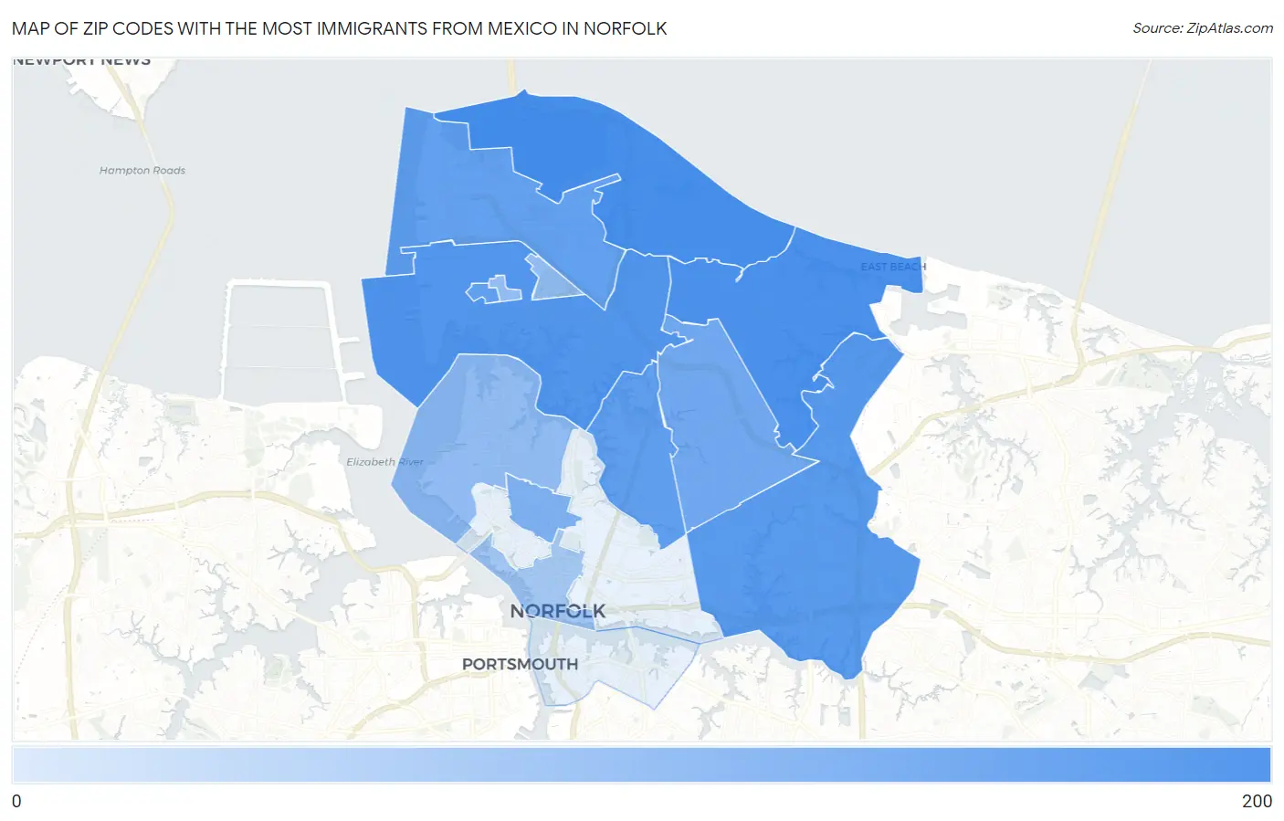 Zip Codes with the Most Immigrants from Mexico in Norfolk Map
