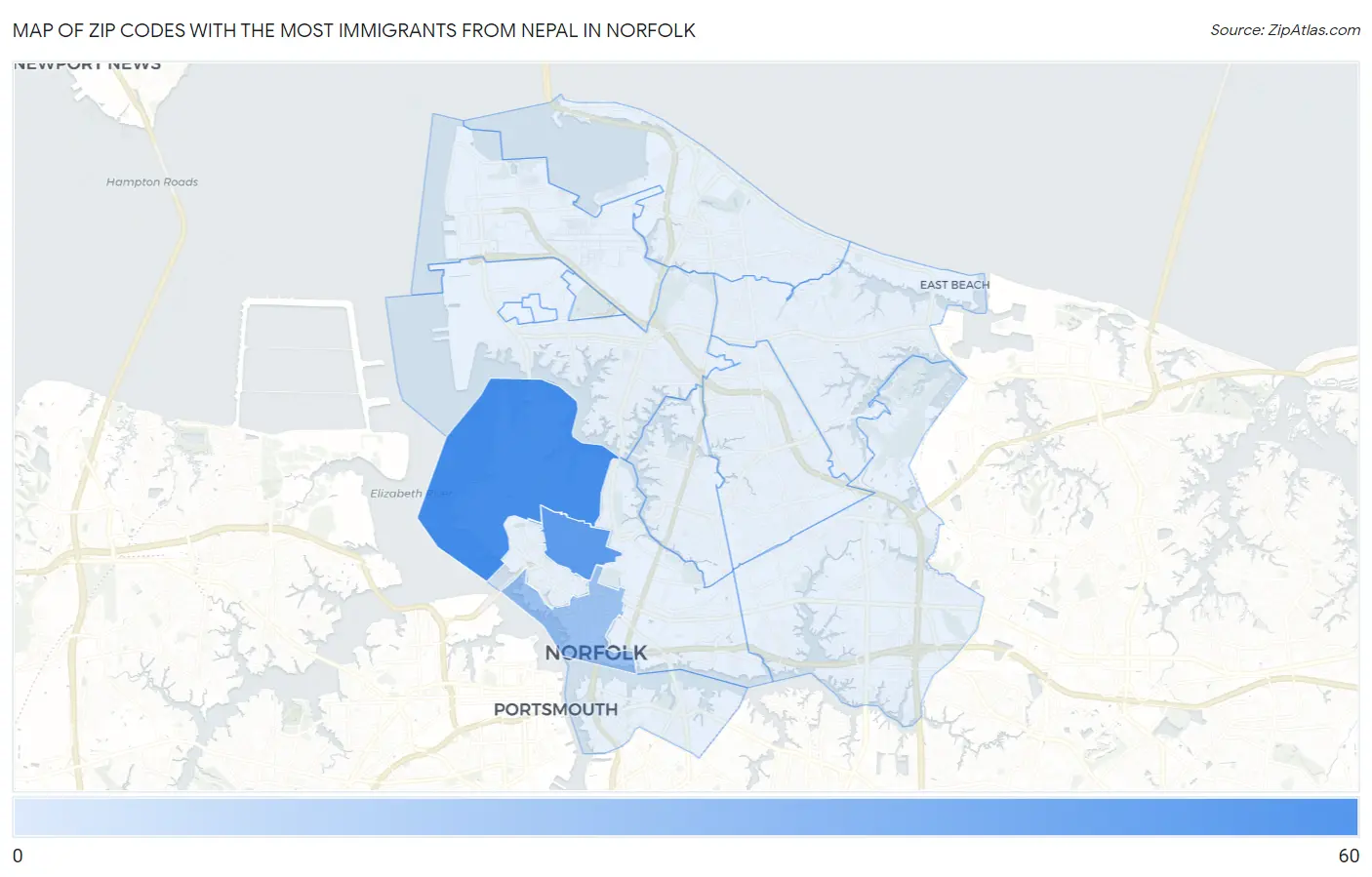 Zip Codes with the Most Immigrants from Nepal in Norfolk Map