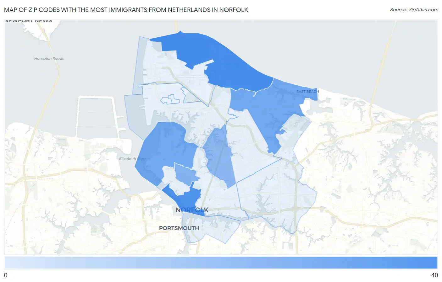 Zip Codes with the Most Immigrants from Netherlands in Norfolk Map