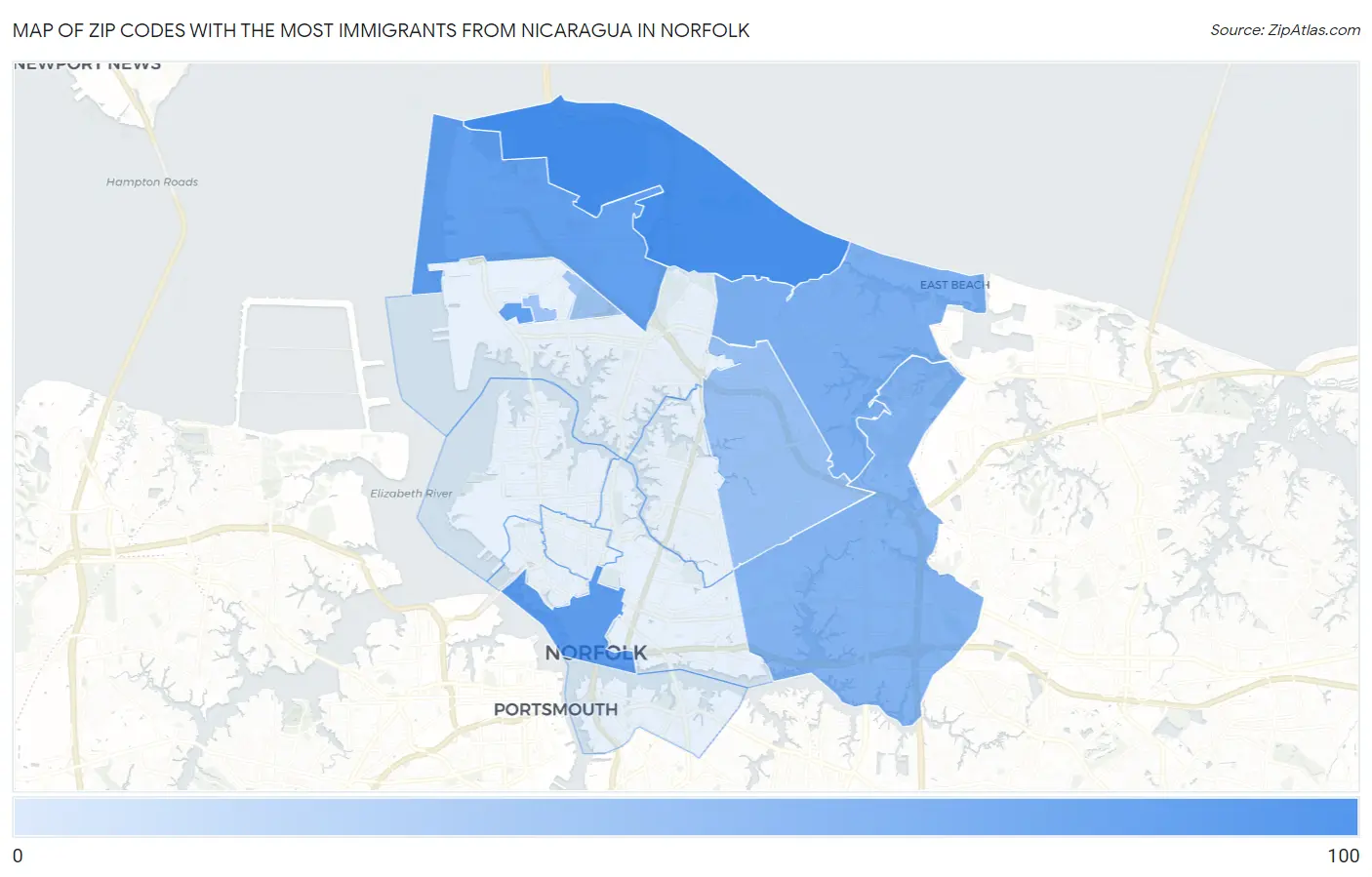 Zip Codes with the Most Immigrants from Nicaragua in Norfolk Map