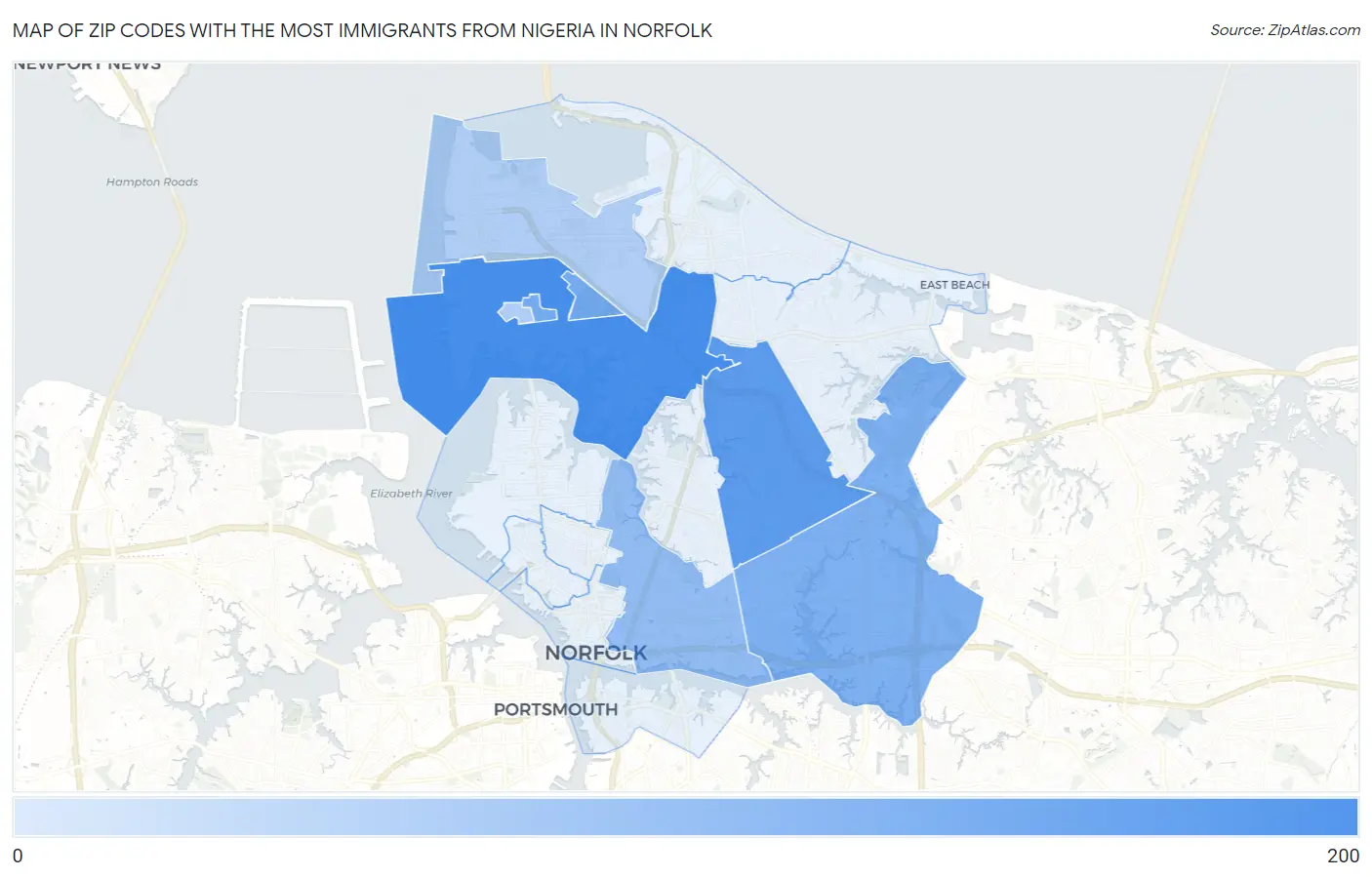 Zip Codes with the Most Immigrants from Nigeria in Norfolk Map