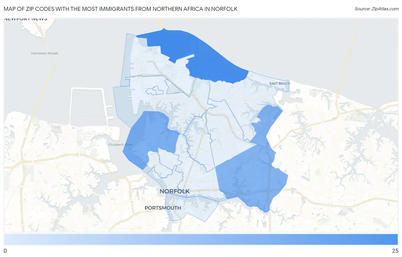 Zip Codes with the Most Immigrants from Northern Africa in Norfolk Map
