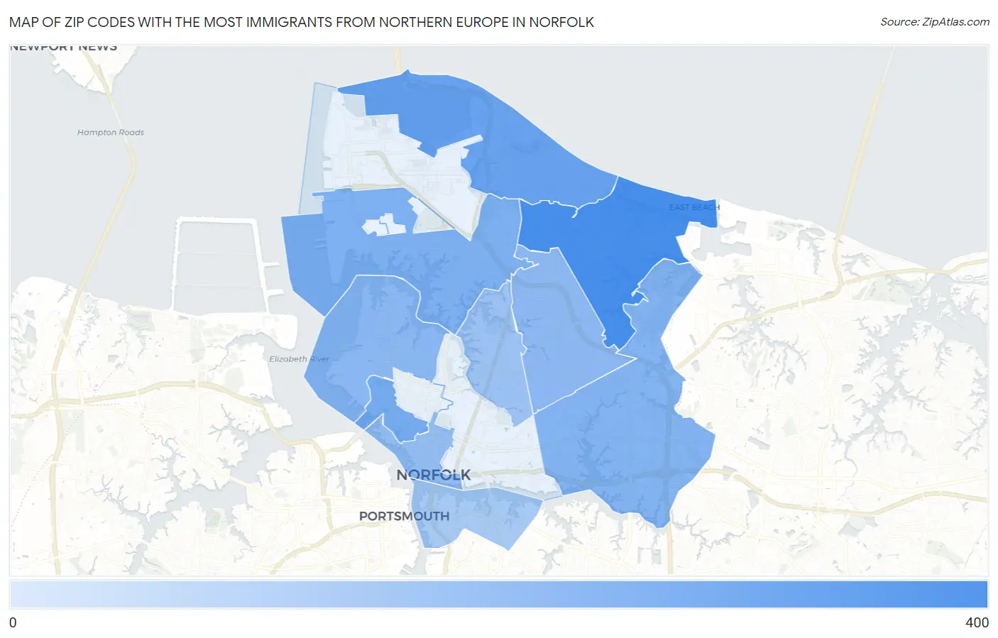Zip Codes with the Most Immigrants from Northern Europe in Norfolk Map