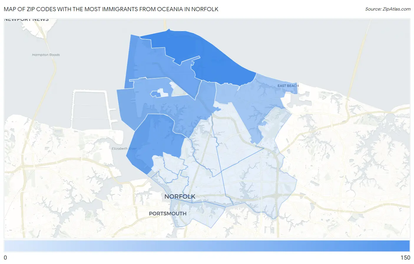 Zip Codes with the Most Immigrants from Oceania in Norfolk Map