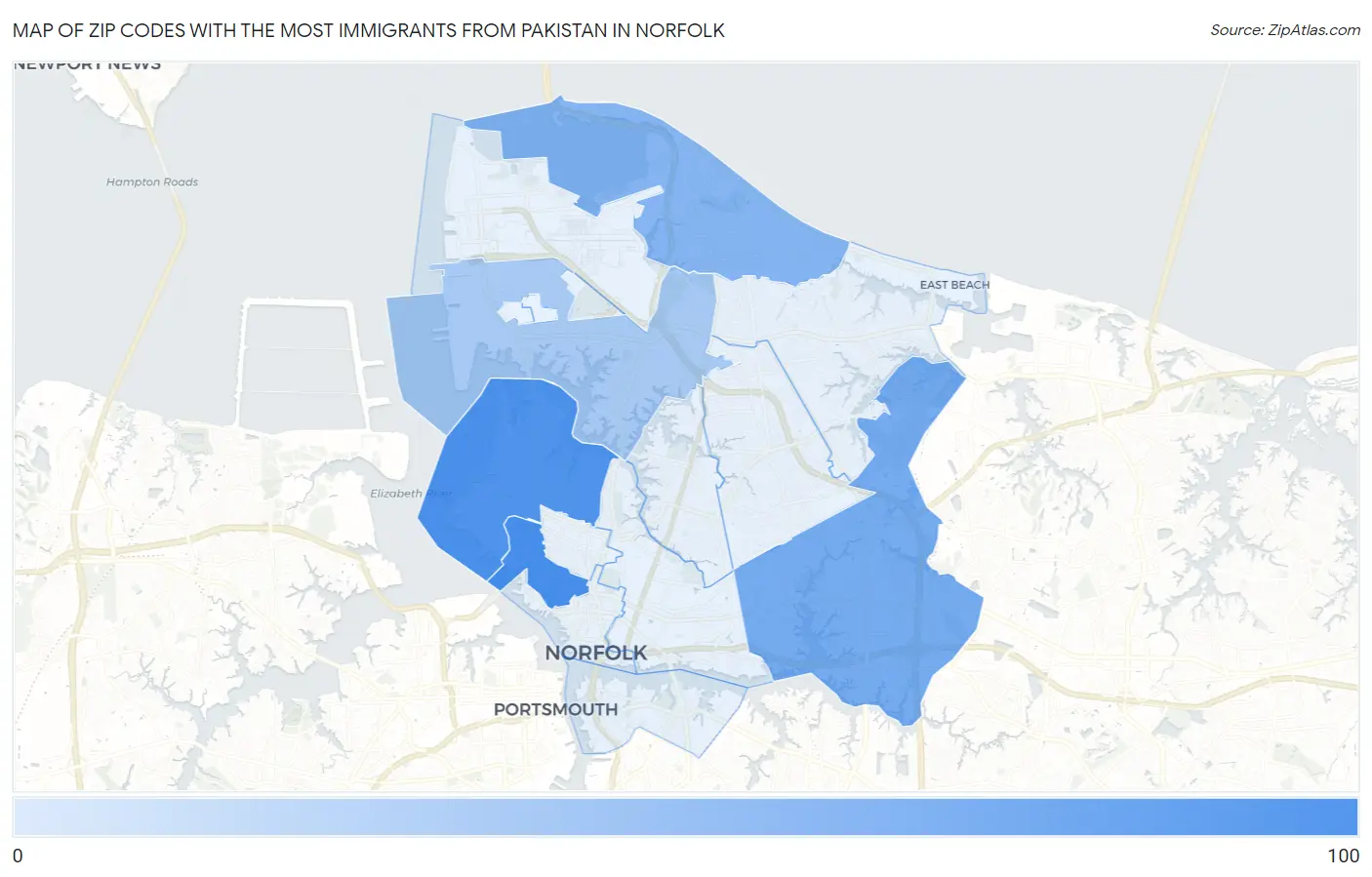 Zip Codes with the Most Immigrants from Pakistan in Norfolk Map