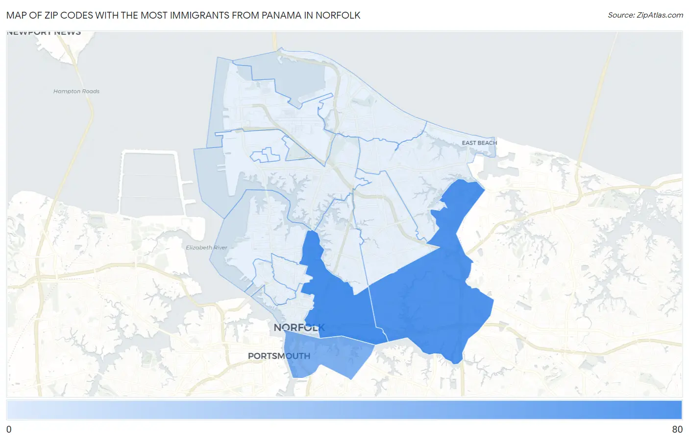 Zip Codes with the Most Immigrants from Panama in Norfolk Map