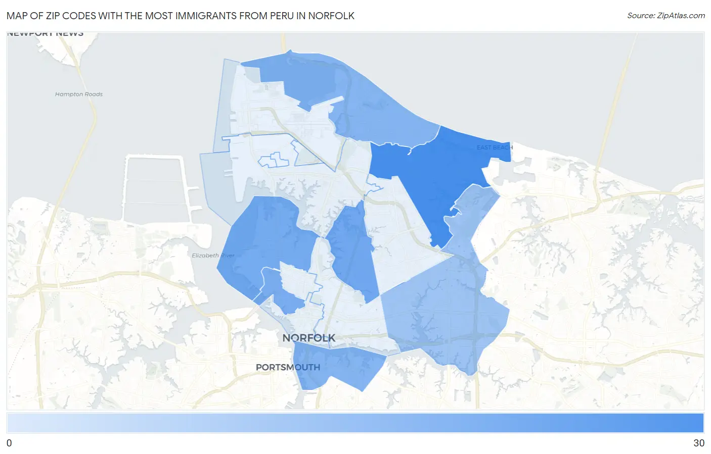 Zip Codes with the Most Immigrants from Peru in Norfolk Map