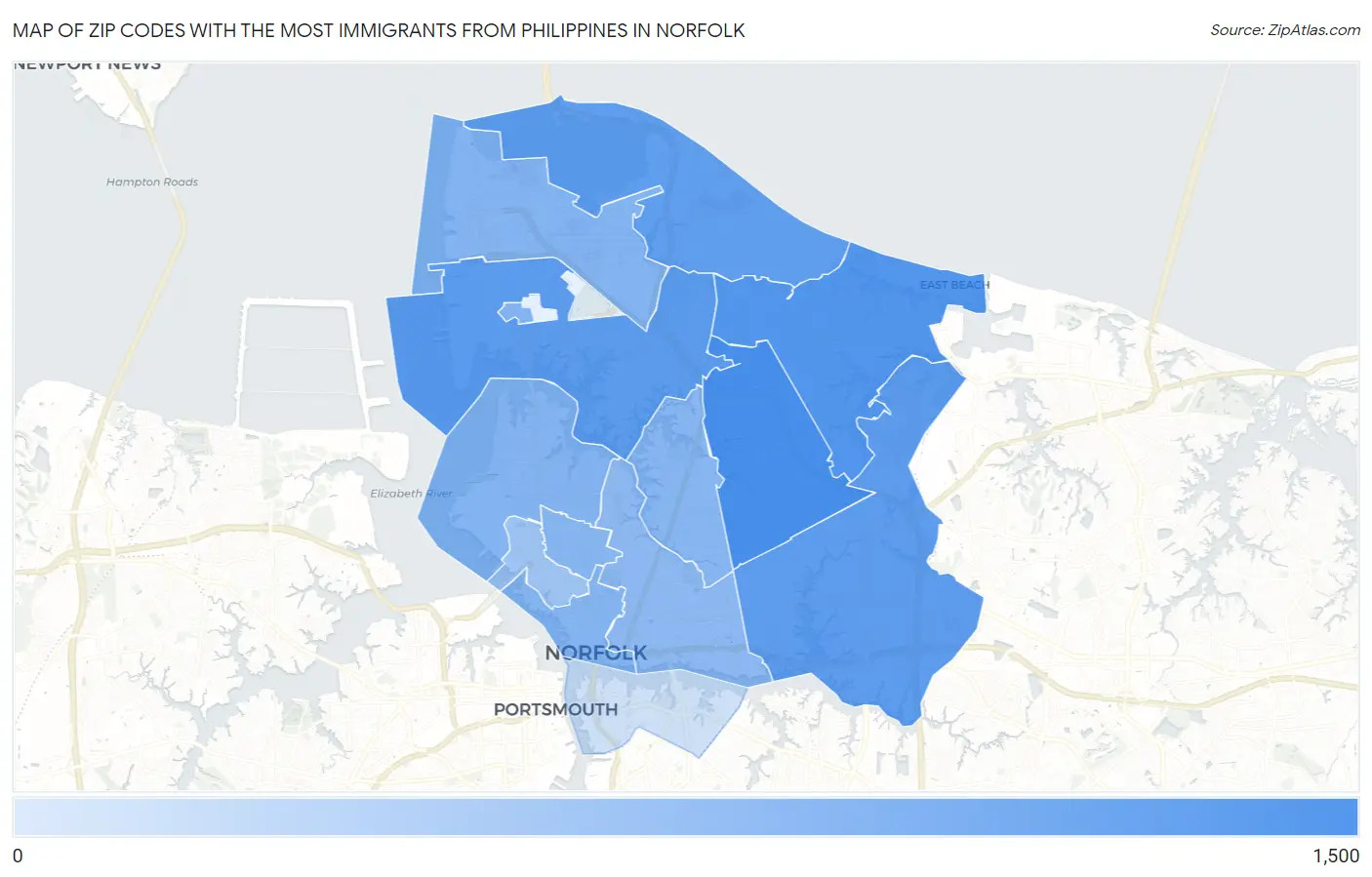 Zip Codes with the Most Immigrants from Philippines in Norfolk Map