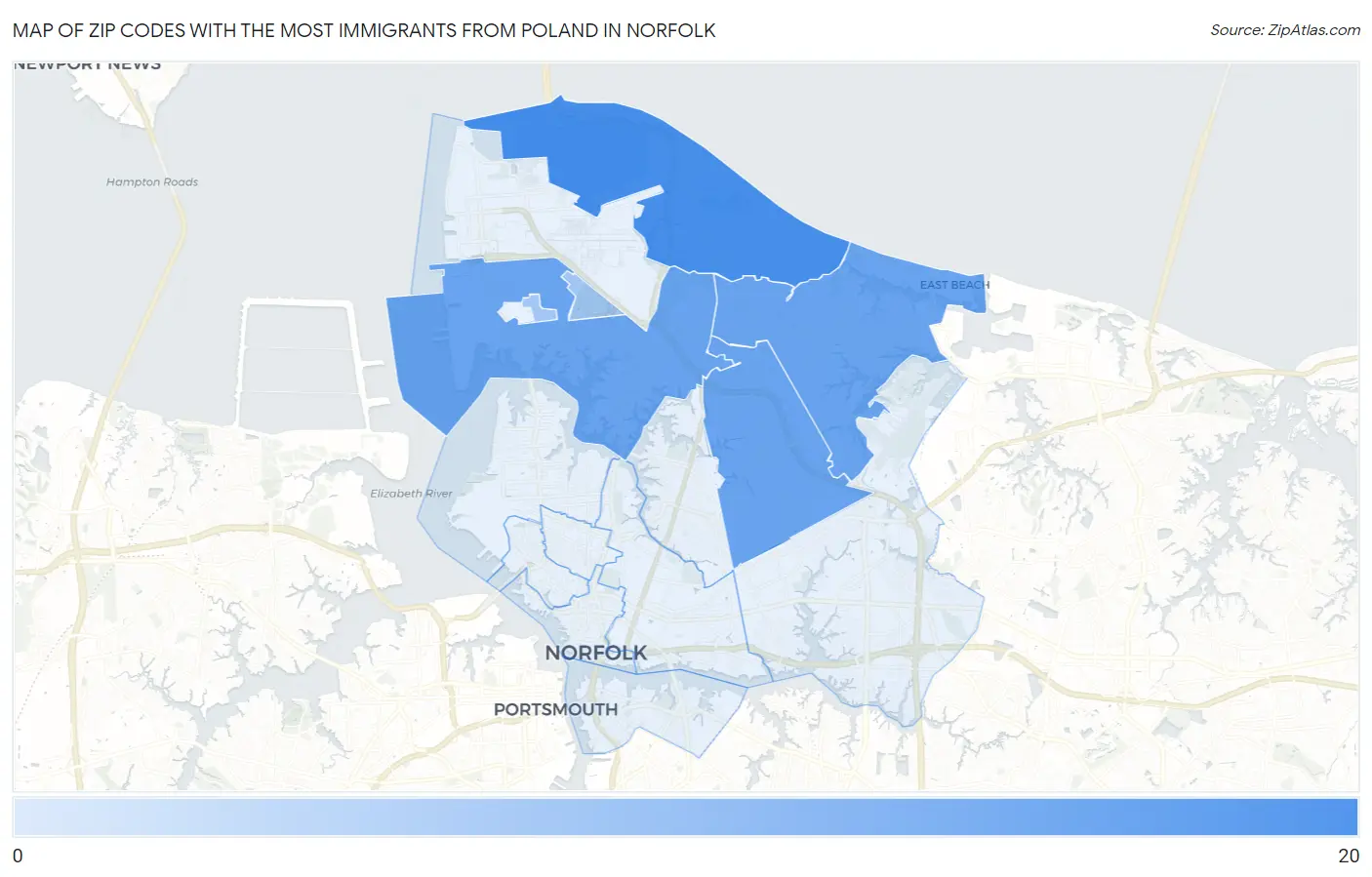 Zip Codes with the Most Immigrants from Poland in Norfolk Map