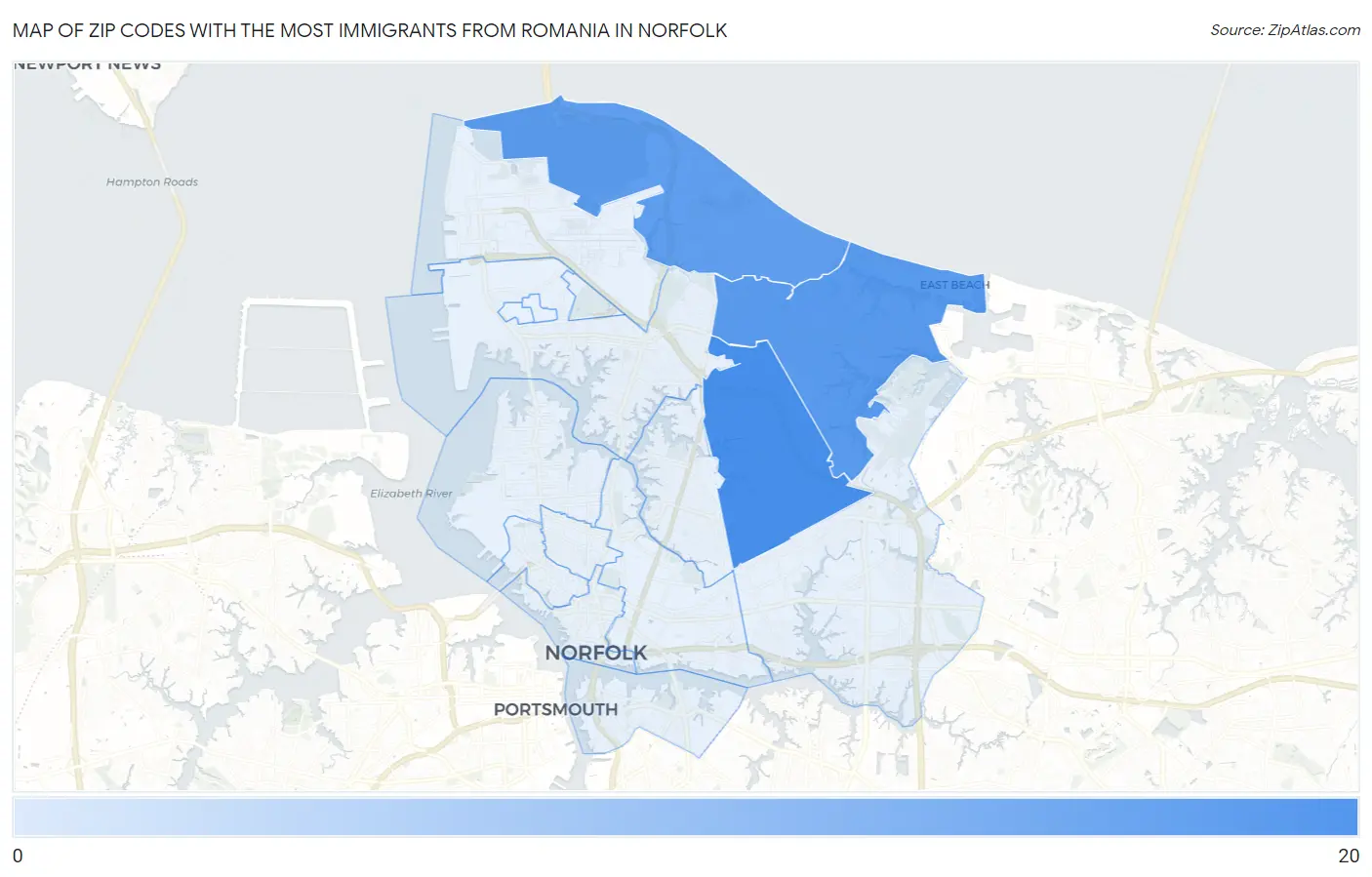 Zip Codes with the Most Immigrants from Romania in Norfolk Map