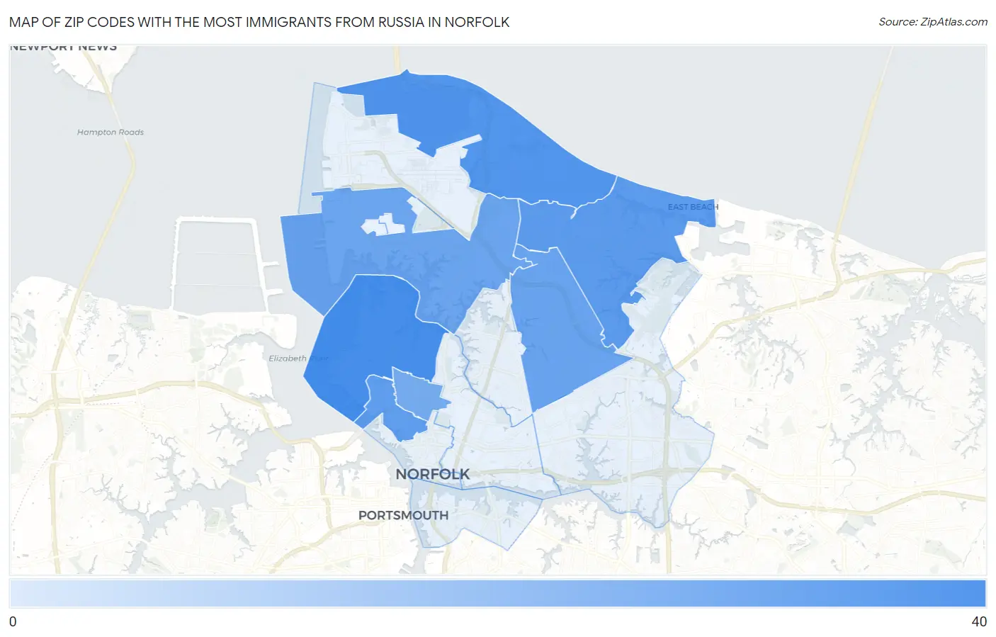 Zip Codes with the Most Immigrants from Russia in Norfolk Map
