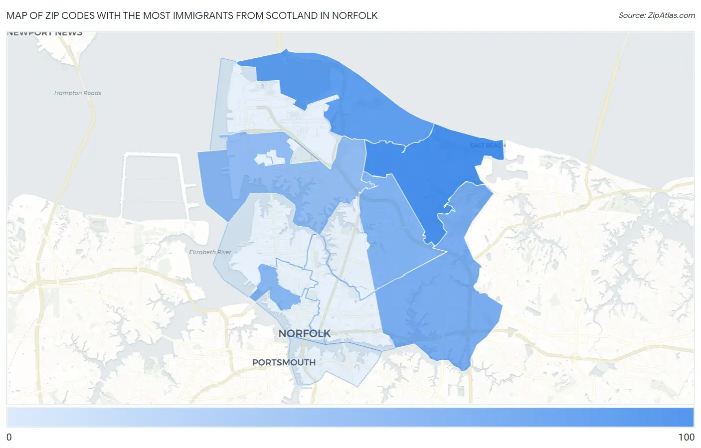 Zip Codes with the Most Immigrants from Scotland in Norfolk Map