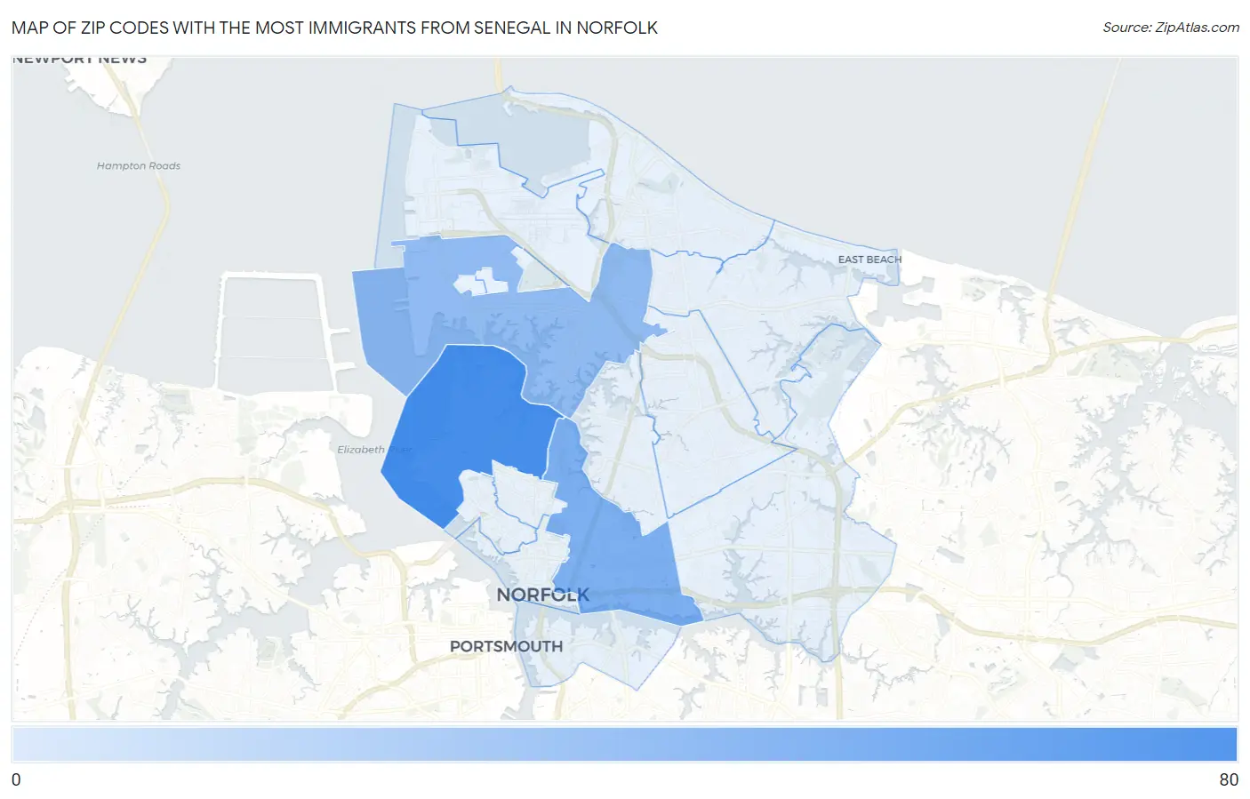 Zip Codes with the Most Immigrants from Senegal in Norfolk Map