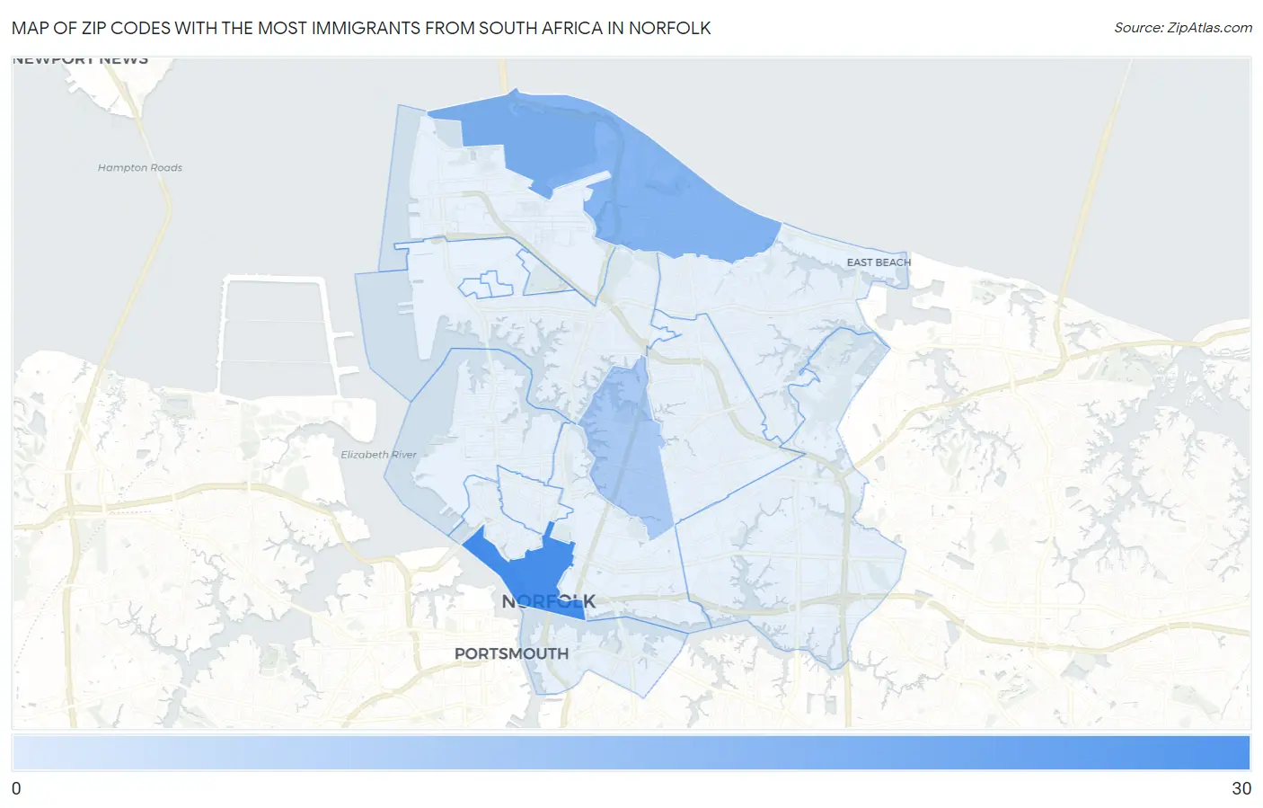 Zip Codes with the Most Immigrants from South Africa in Norfolk Map