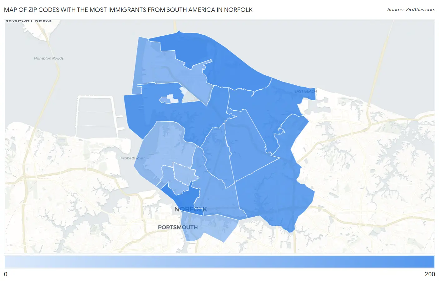 Zip Codes with the Most Immigrants from South America in Norfolk Map