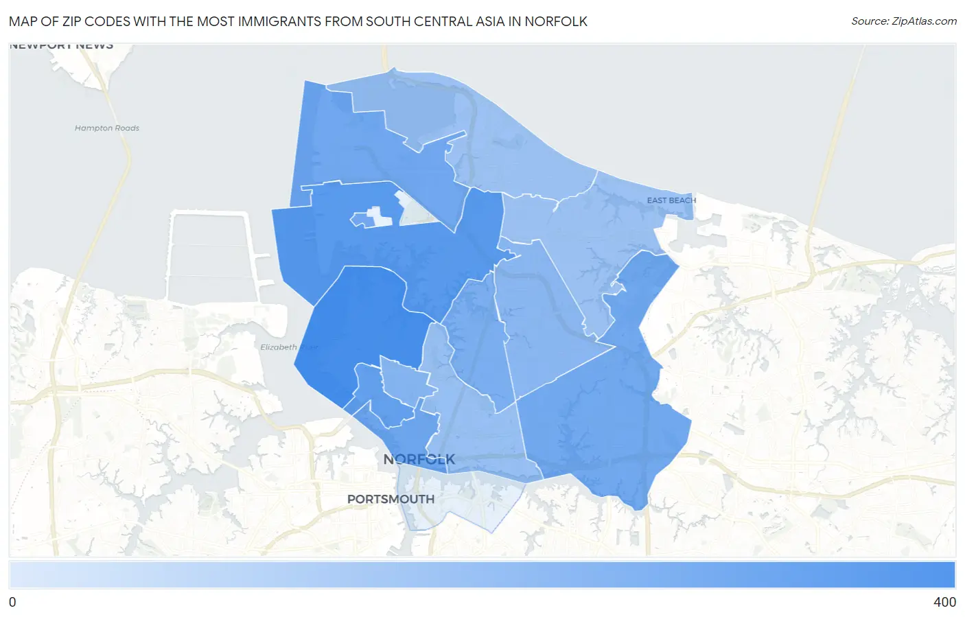 Zip Codes with the Most Immigrants from South Central Asia in Norfolk Map
