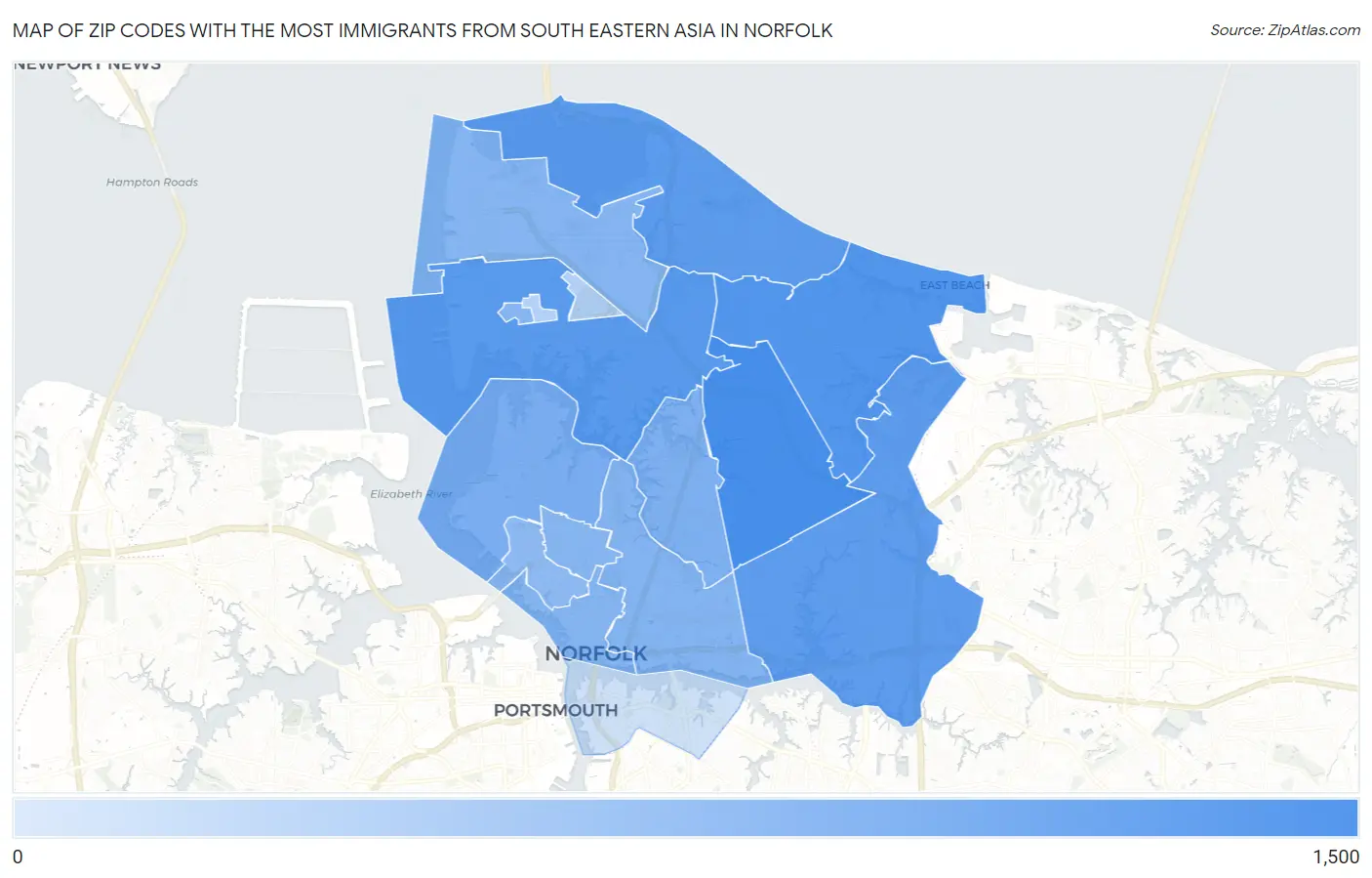 Zip Codes with the Most Immigrants from South Eastern Asia in Norfolk Map