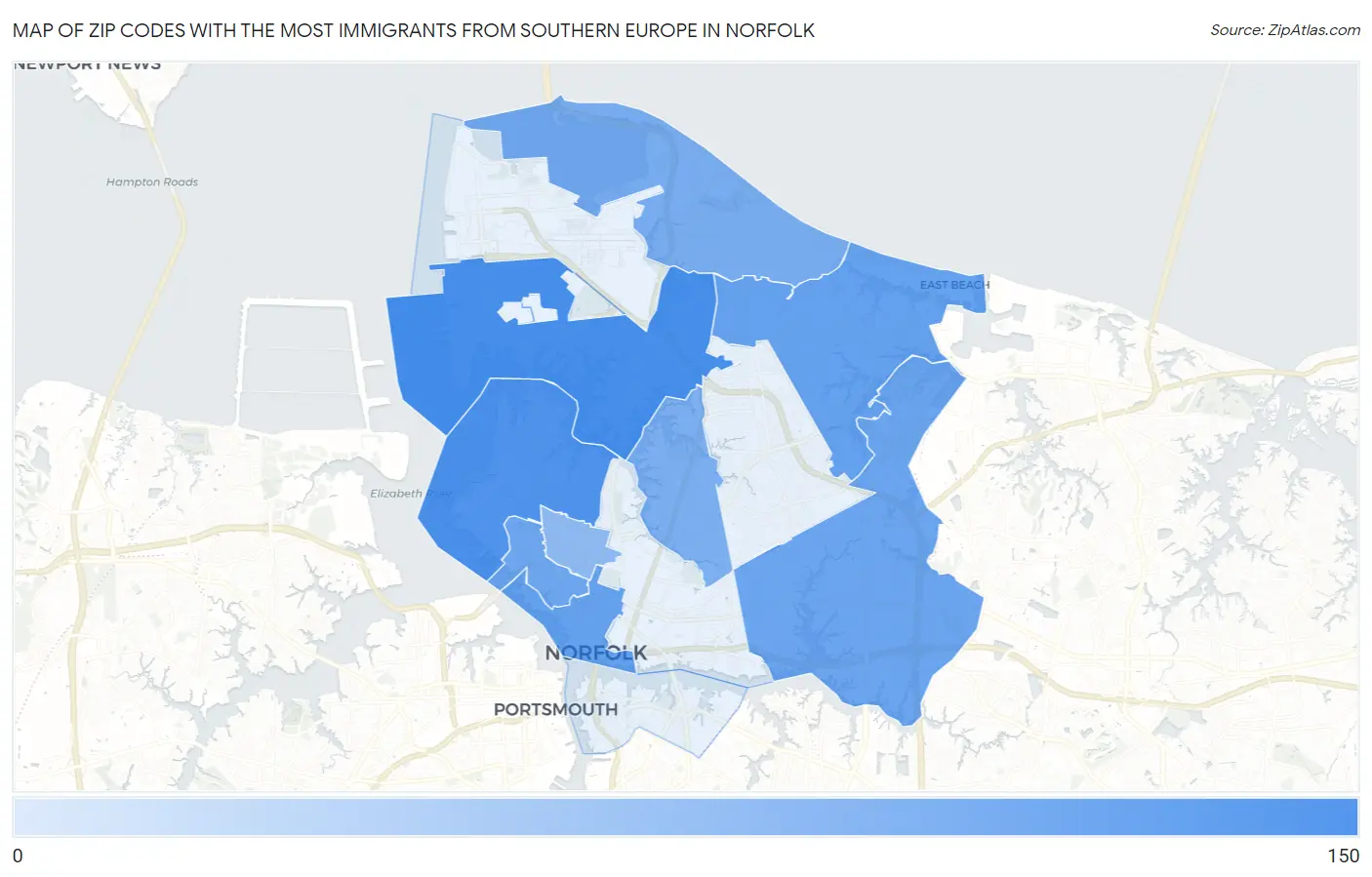 Zip Codes with the Most Immigrants from Southern Europe in Norfolk Map