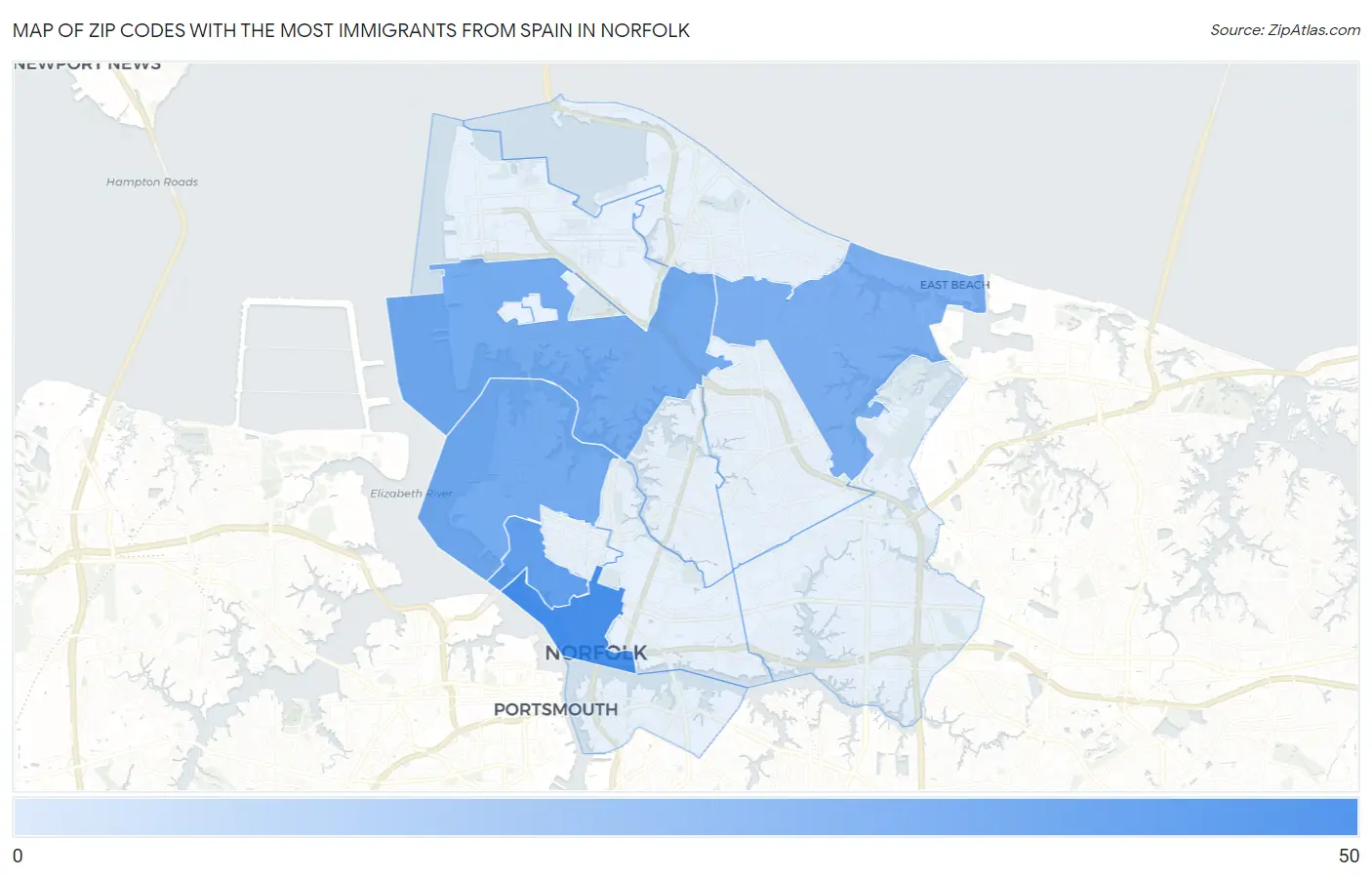 Zip Codes with the Most Immigrants from Spain in Norfolk Map
