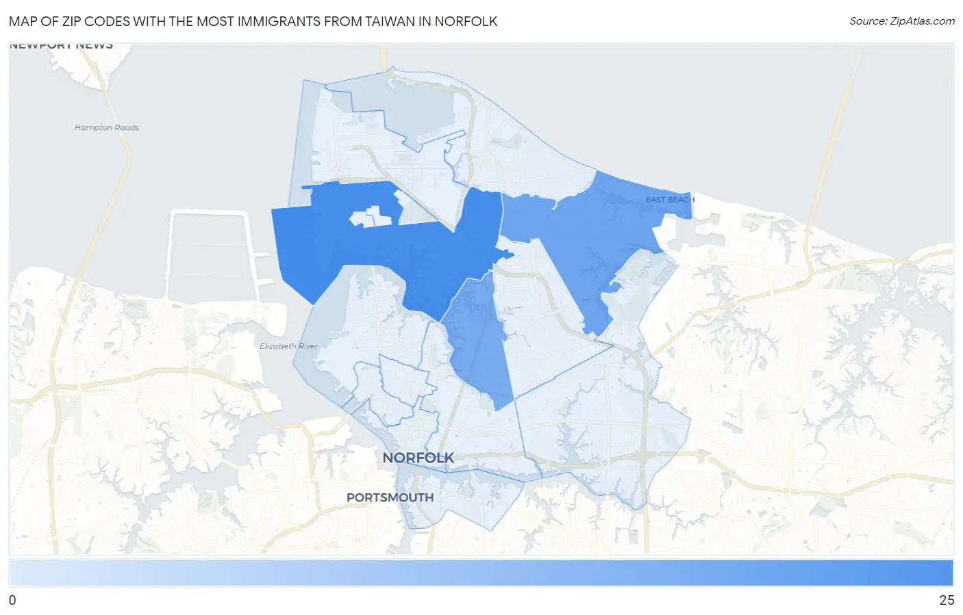 Zip Codes with the Most Immigrants from Taiwan in Norfolk Map