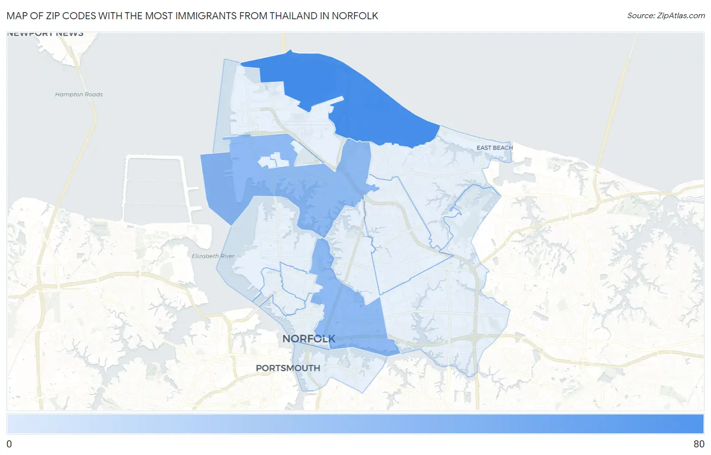 Zip Codes with the Most Immigrants from Thailand in Norfolk Map