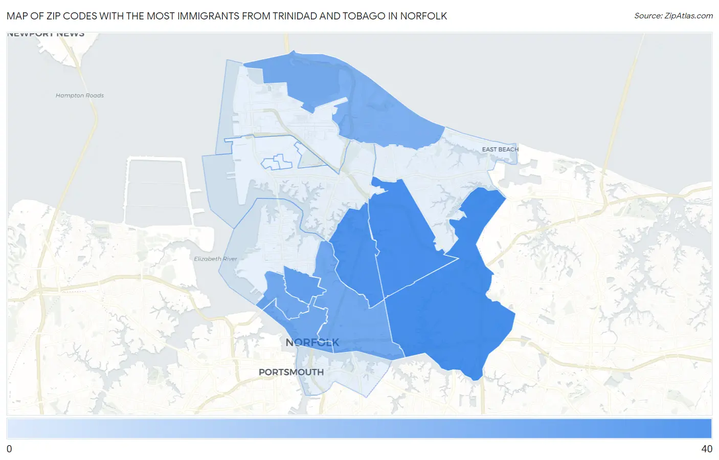Zip Codes with the Most Immigrants from Trinidad and Tobago in Norfolk Map
