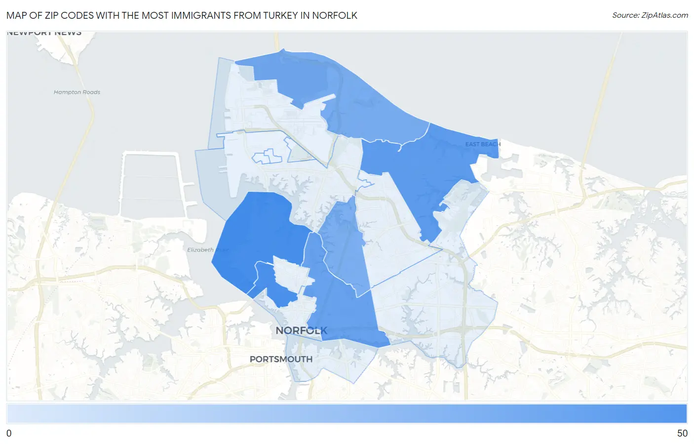Zip Codes with the Most Immigrants from Turkey in Norfolk Map