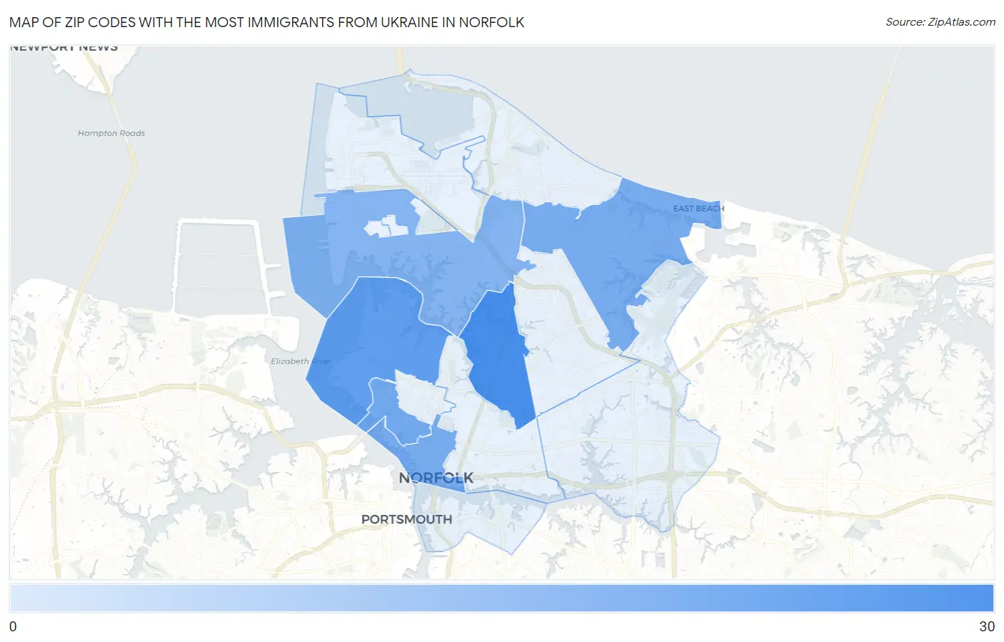 Zip Codes with the Most Immigrants from Ukraine in Norfolk Map