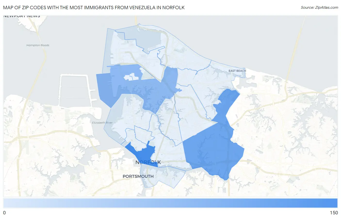Zip Codes with the Most Immigrants from Venezuela in Norfolk Map