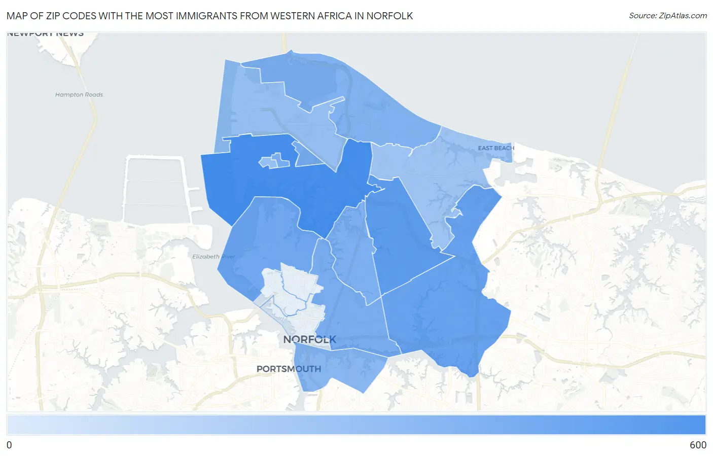 Zip Codes with the Most Immigrants from Western Africa in Norfolk Map