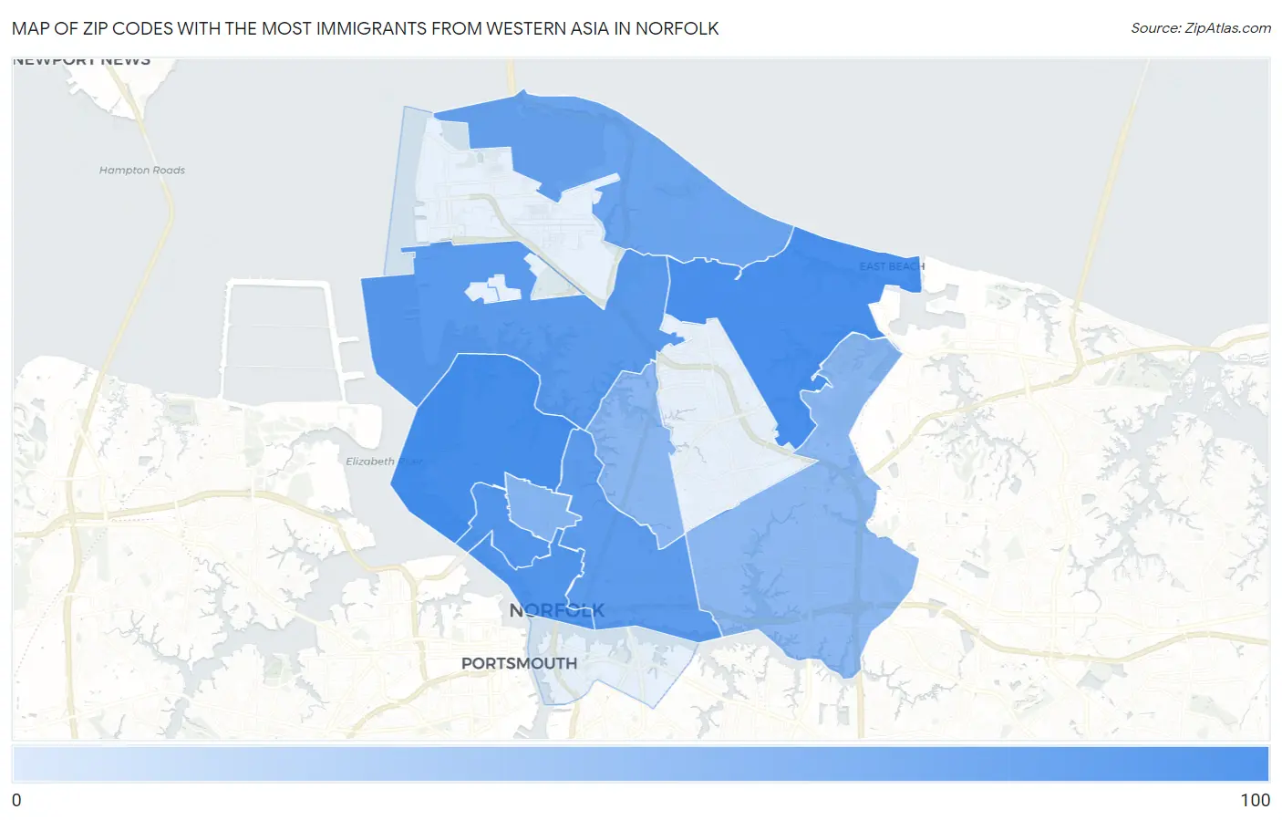 Zip Codes with the Most Immigrants from Western Asia in Norfolk Map