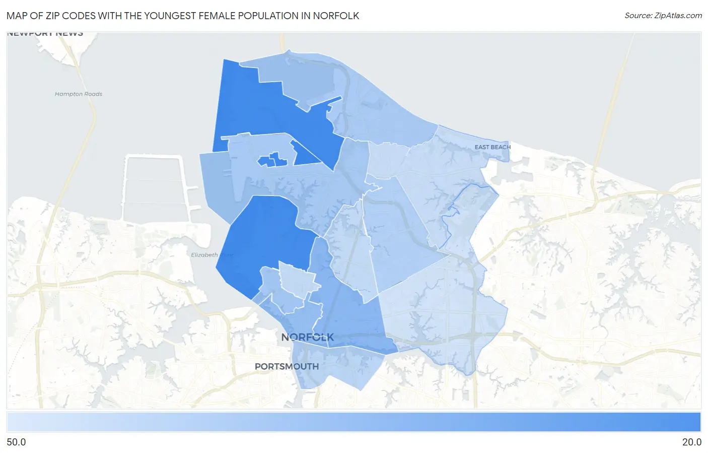 Zip Codes with the Youngest Female Population in Norfolk Map