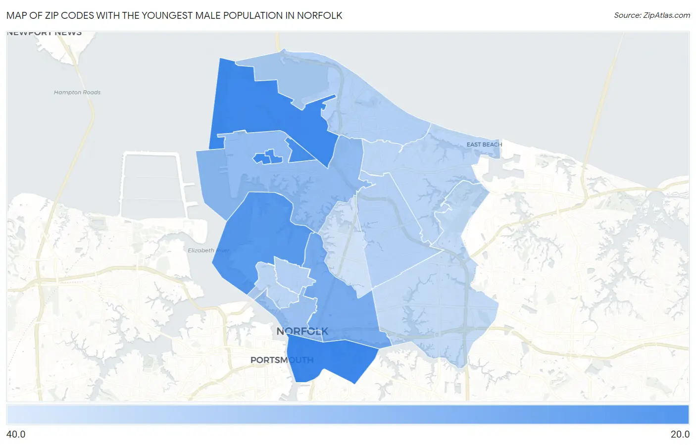 Zip Codes with the Youngest Male Population in Norfolk Map