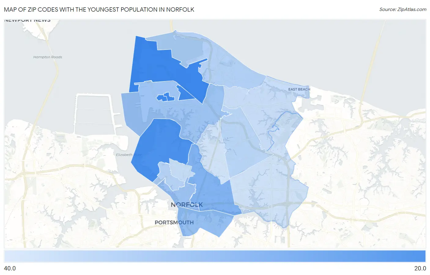 Zip Codes with the Youngest Population in Norfolk Map