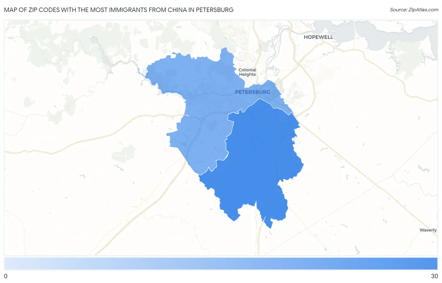 Zip Codes with the Most Immigrants from China in Petersburg Map