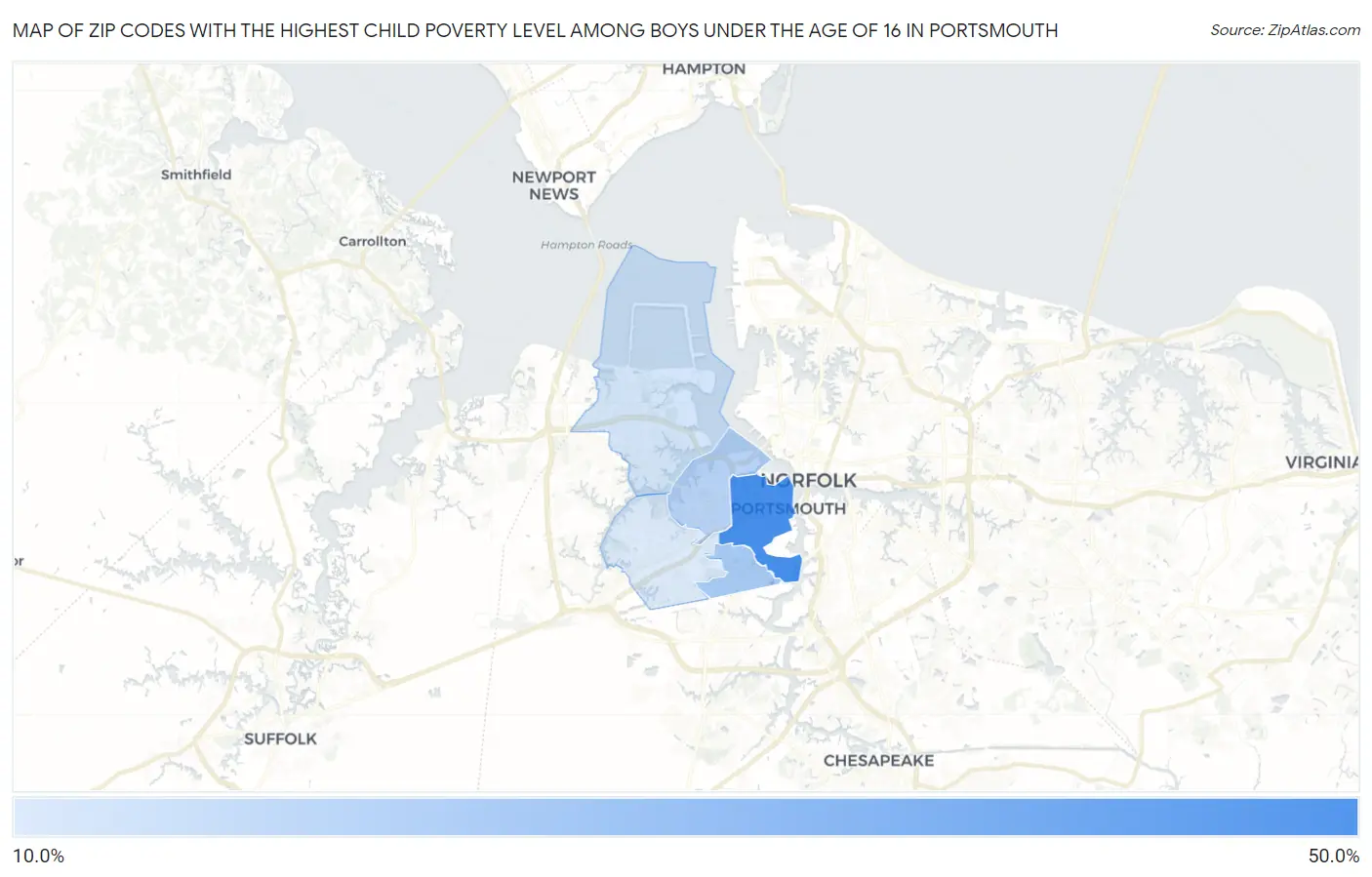 Zip Codes with the Highest Child Poverty Level Among Boys Under the Age of 16 in Portsmouth Map