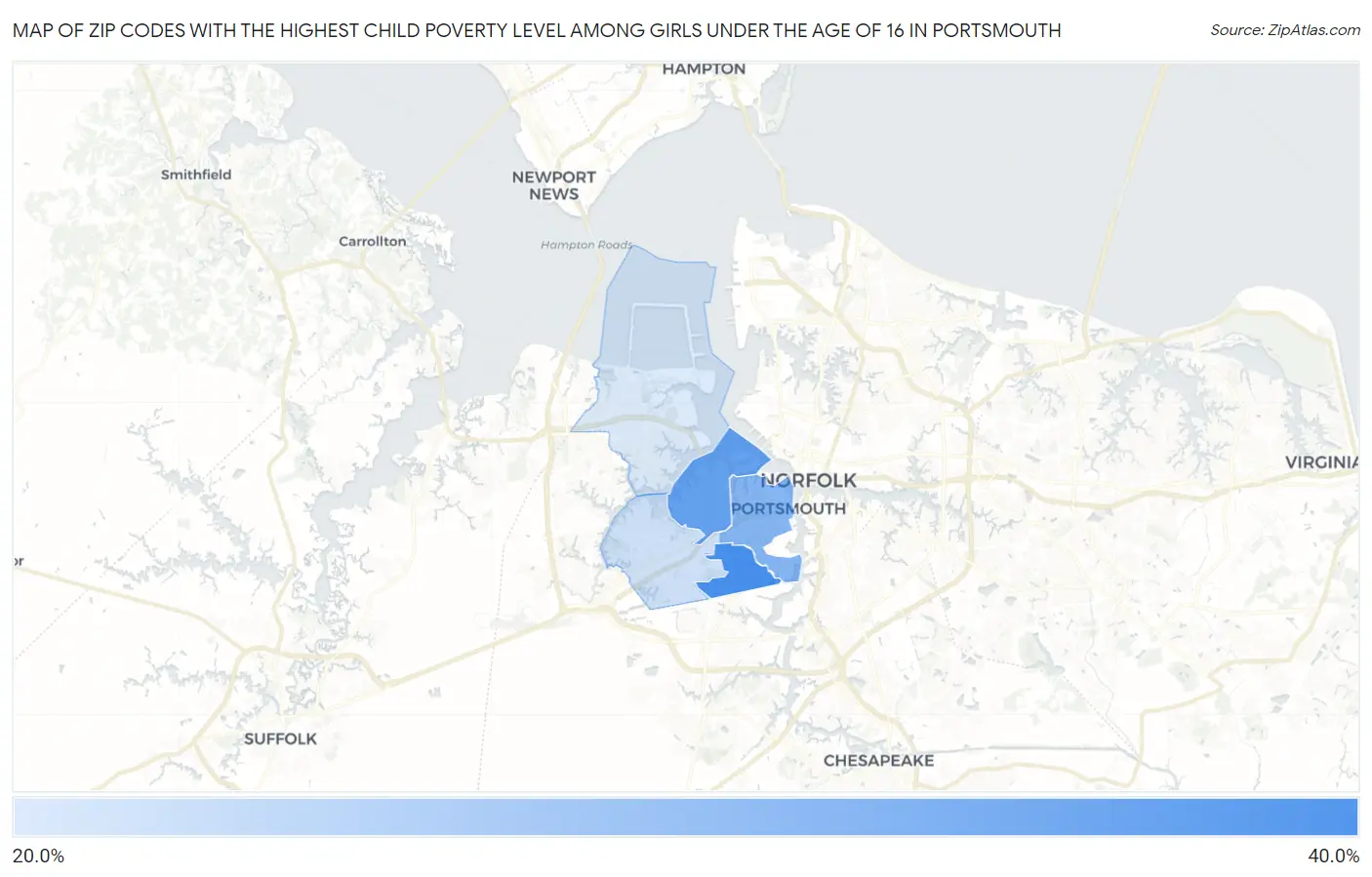Zip Codes with the Highest Child Poverty Level Among Girls Under the Age of 16 in Portsmouth Map