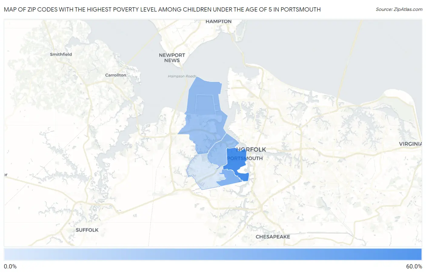 Zip Codes with the Highest Poverty Level Among Children Under the Age of 5 in Portsmouth Map