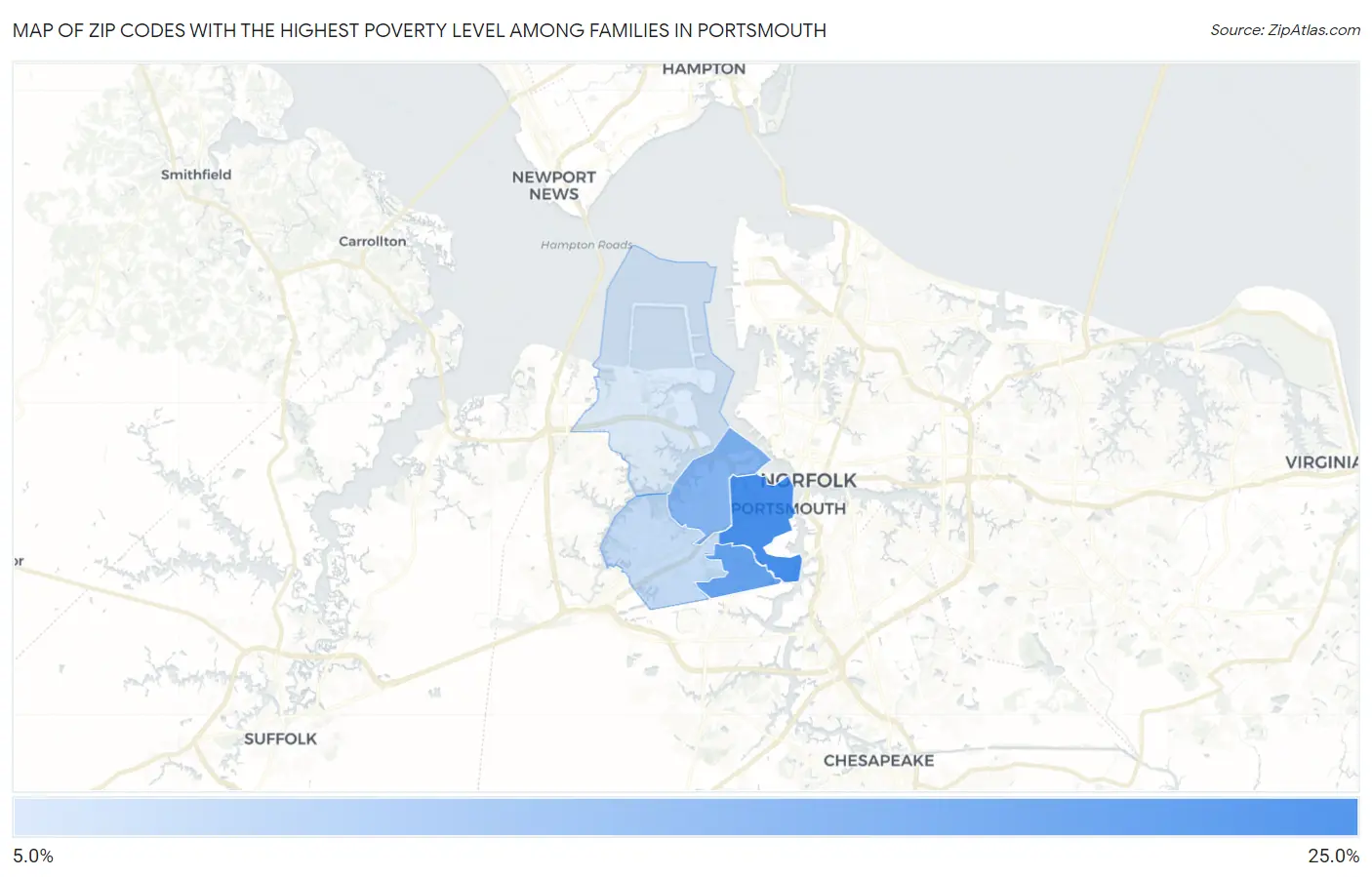 Zip Codes with the Highest Poverty Level Among Families in Portsmouth Map