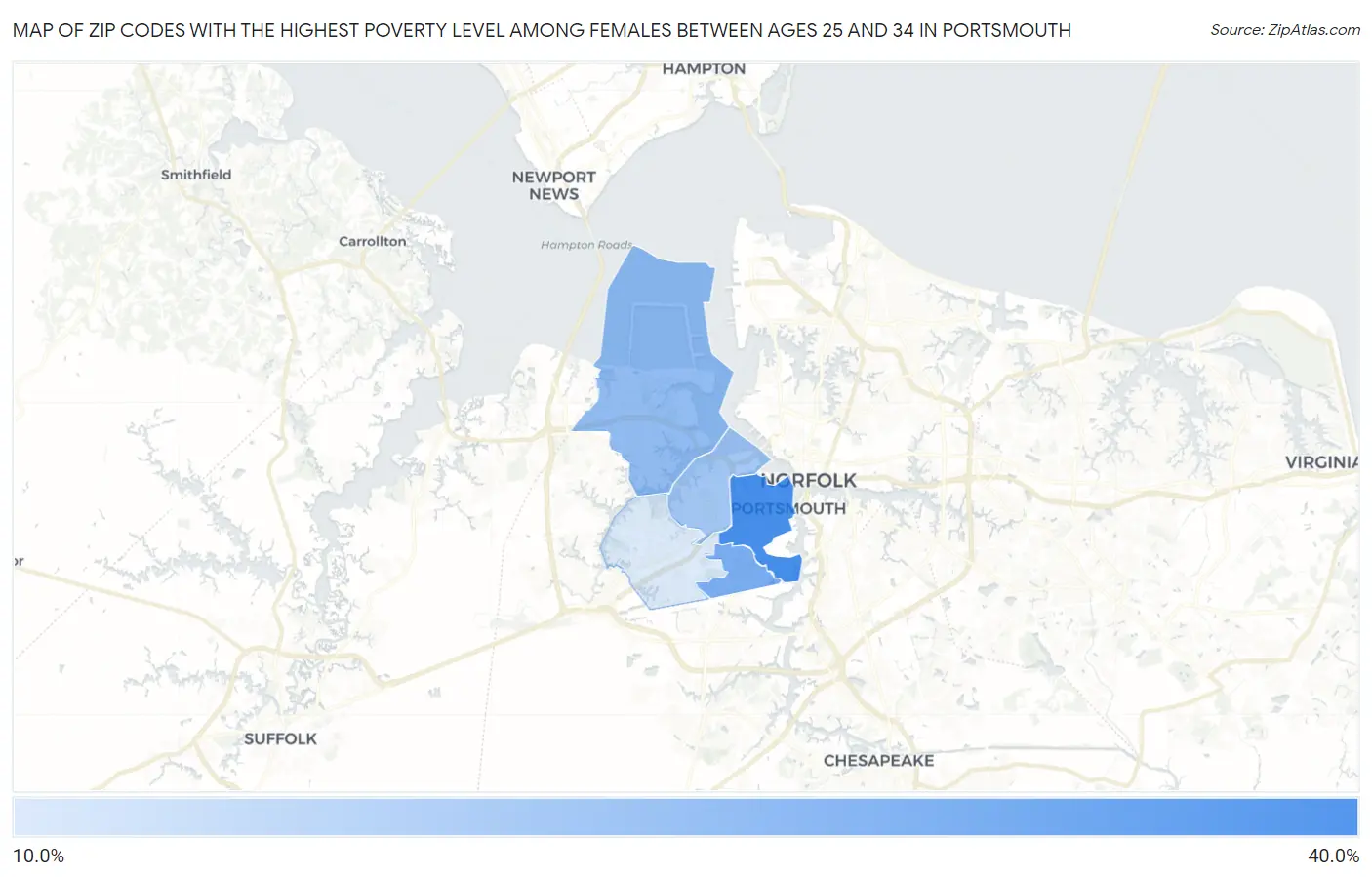 Zip Codes with the Highest Poverty Level Among Females Between Ages 25 and 34 in Portsmouth Map