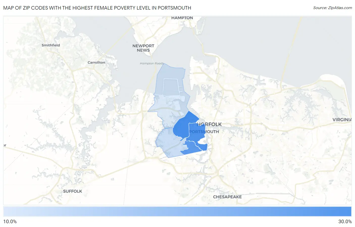 Zip Codes with the Highest Female Poverty Level in Portsmouth Map