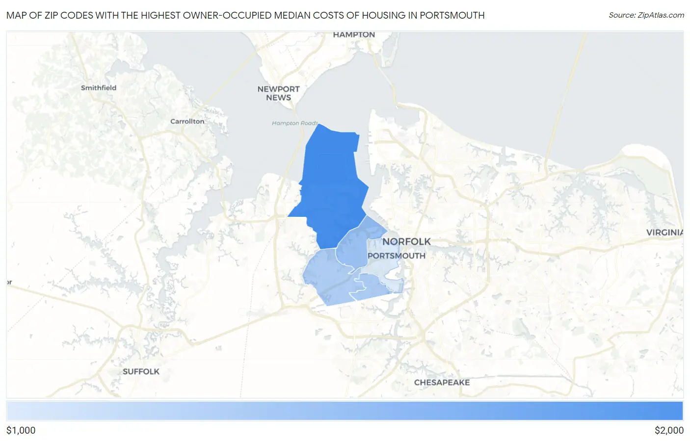 Zip Codes with the Highest Owner-Occupied Median Costs of Housing in Portsmouth Map