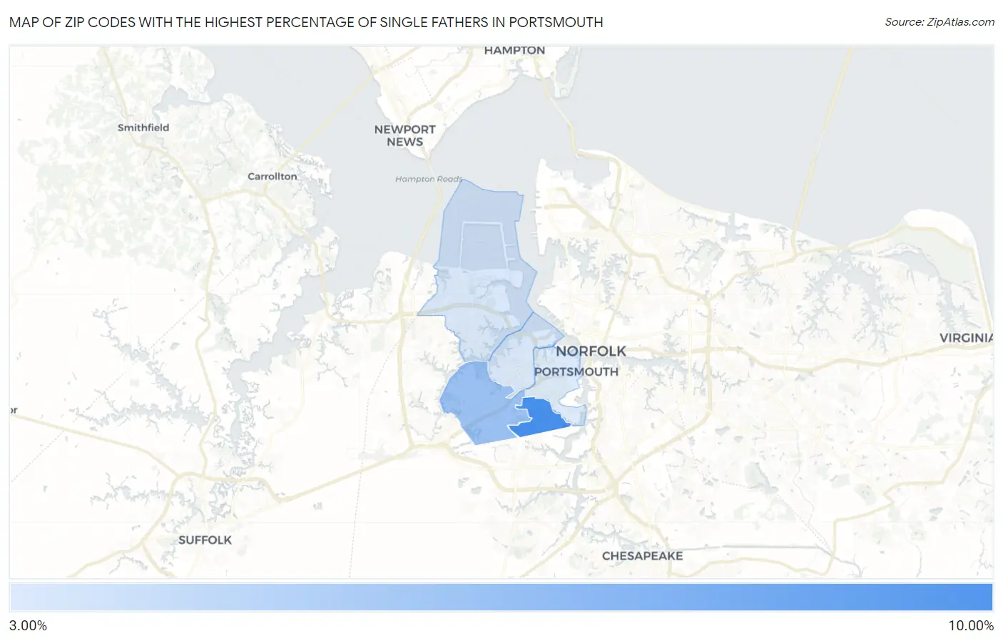 Zip Codes with the Highest Percentage of Single Fathers in Portsmouth Map
