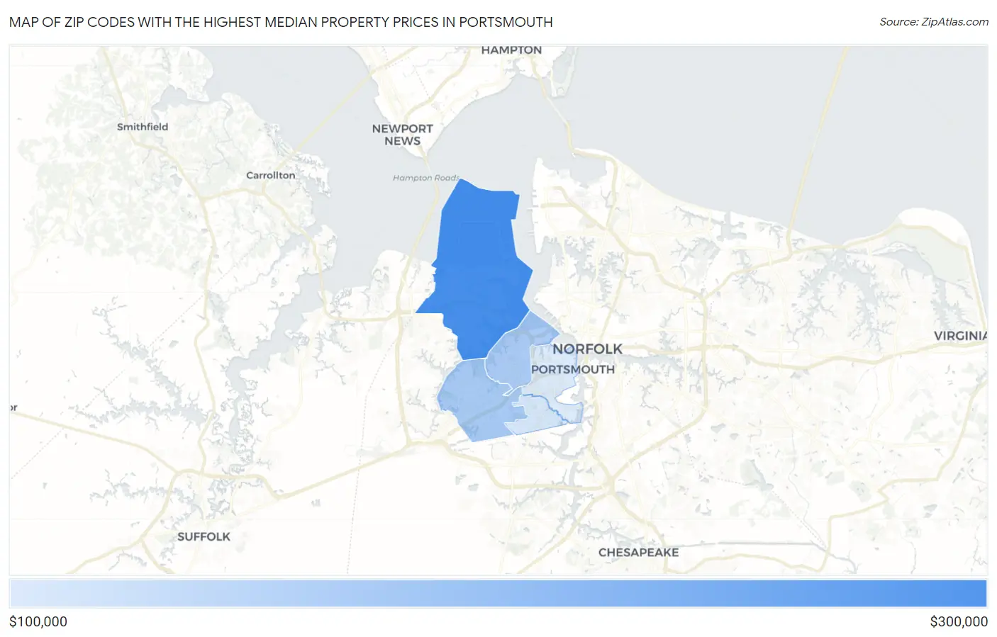 Zip Codes with the Highest Median Property Prices in Portsmouth Map