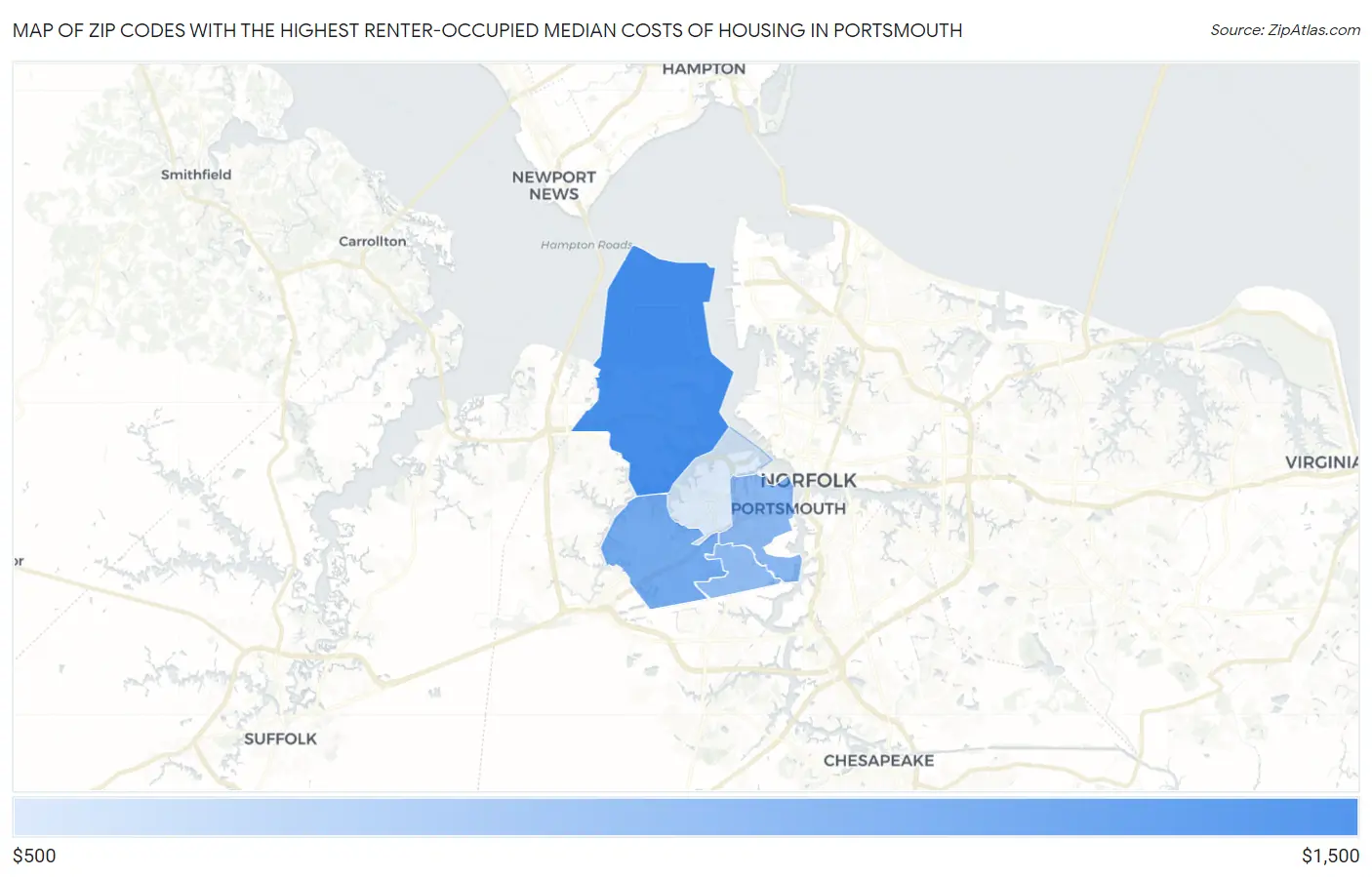 Zip Codes with the Highest Renter-Occupied Median Costs of Housing in Portsmouth Map