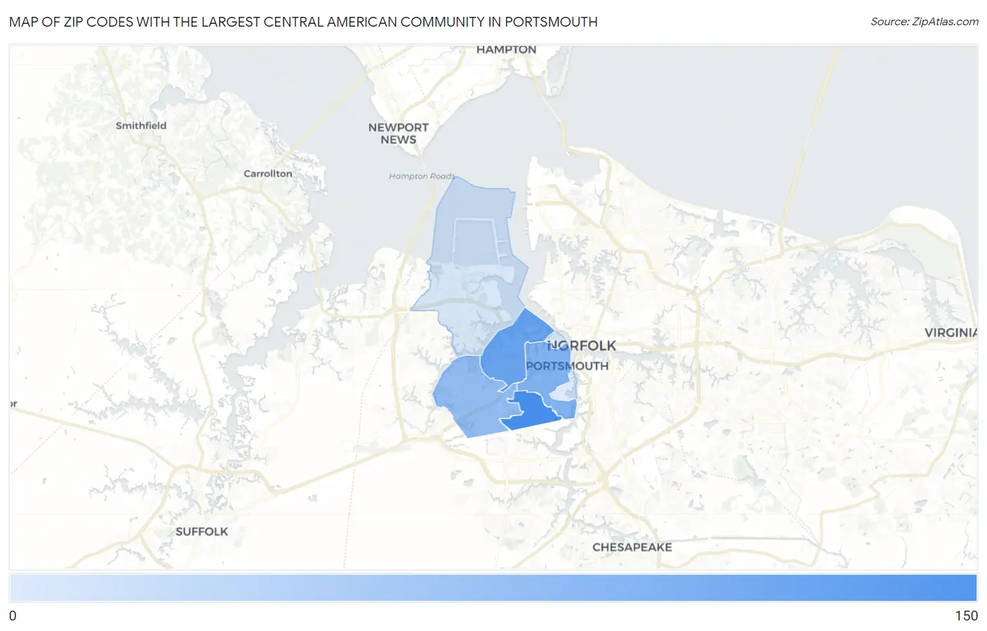 Zip Codes with the Largest Central American Community in Portsmouth Map